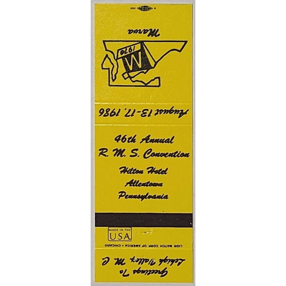 Vintage Matchbook Cover Marva MC RMS 1986 Lehigh Valley PA Convention Yellow - Picture 2 of 4